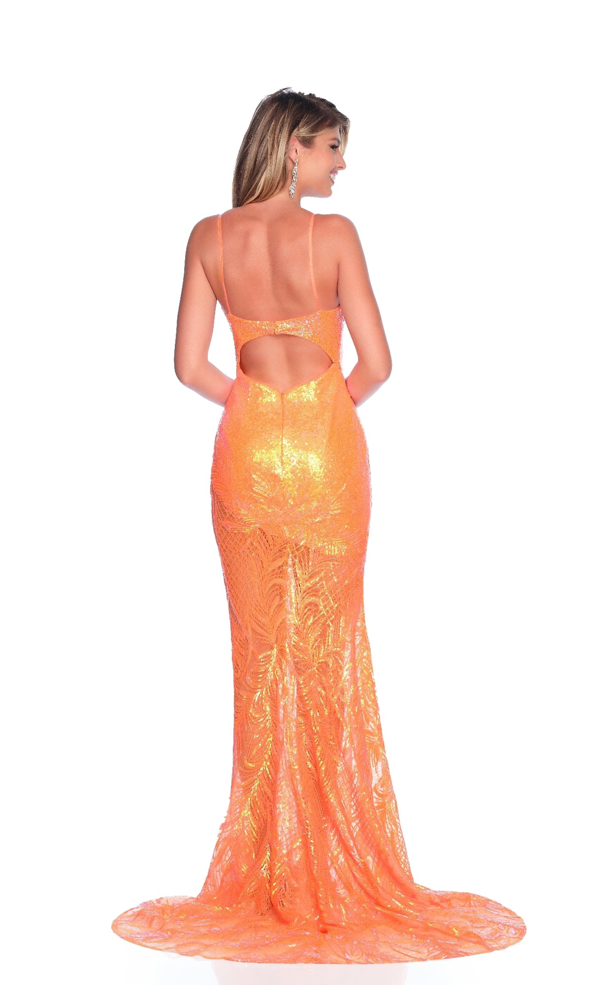 A woman faces away in the Dave & Johnny 11940 long orange sequin prom dress, featuring a floor-length design, sleeveless cut, thin straps, and a low-cut back, set against a white background.